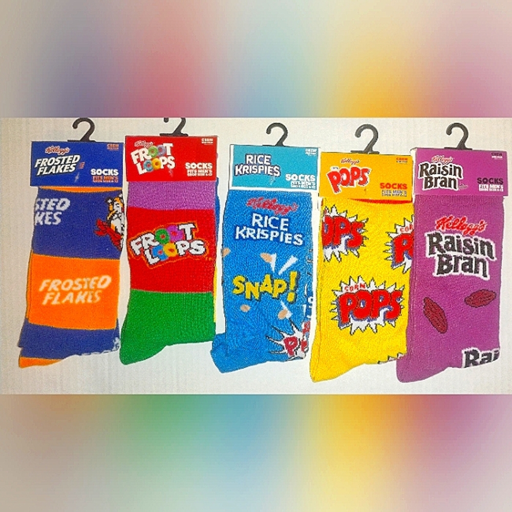 5 Pairs Novelty Cereal Socks Frosted Flakes, Corn Pops, Front Loops etc NWT
